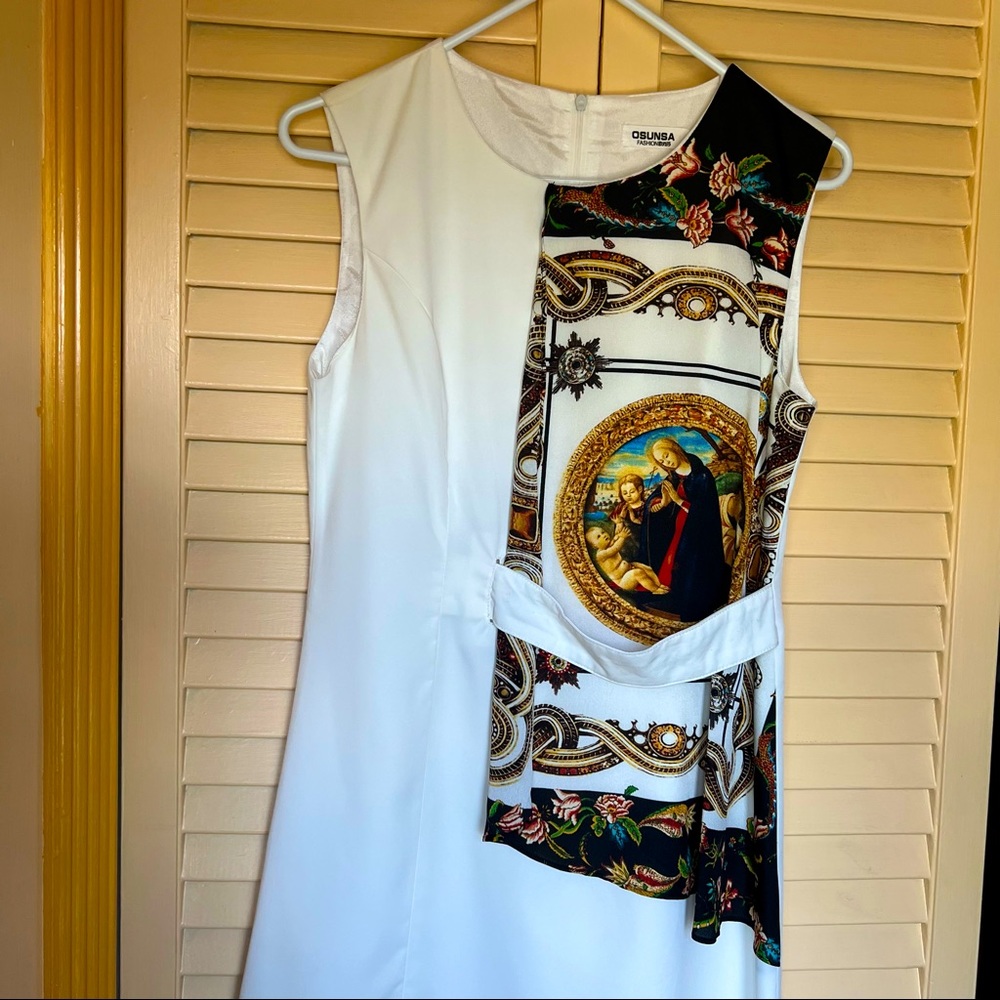 Artsy white sleeveless shift dress